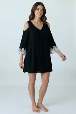 C Est 1946 Cold Shoulder Black Dress Small White Lace Cuffs